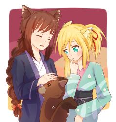  2girls animal_ears blonde_hair braid brioche_d&#039;arquien brown_hair commentary dog_days dog_ears fox_ears green_eyes monster28 multiple_girls ponytail yukikaze_panettone 