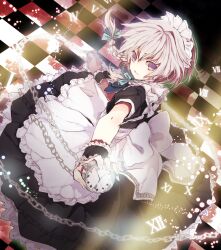  apron bow braid checkered_floor commentary_request dress female frills hair_ribbon izayoi_sakuya maid maid_headdress miya_(tsumazukanai) pocket_watch purple_eyes ribbon roman_numeral short_hair solo touhou twin_braids watch white_hair wrist_cuffs 