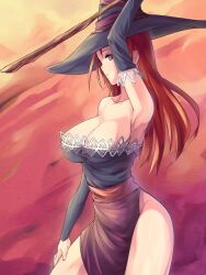  bare_shoulders breasts cleavage detached_sleeves dragon&#039;s_crown female gradient gradient_background hat large_breasts long_hair red_eyes red_hair saiste solo sorceress_(dragon&#039;s_crown) staff witch_hat 