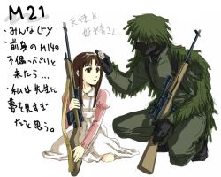  1boy angelica_(gunslinger_girl) call_of_duty call_of_duty_4 captain_macmillan commentary_request crossover dress female flower ghillie_suit glasses gun gunslinger_girl hat height_difference m-21 ribbon rifle sniper_rifle tori_(bird_bird) translation_request weapon 