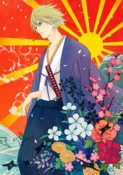  1boy arm_out_of_sleeve bad_id bad_pixiv_id bellflower blonde_hair cherry_blossoms chinese_peony chrysanthemum flower hanafuda ivan_karelin jacket japanese_clothes katana kikumon letterman_jacket male_focus orange_flower peony_(flower) pink_flower plum_blossoms purple_eyes purple_flower purple_jacket red_flower rising_sun_flag shuriken solo sumishuu sunburst sunburst_background sword tiger_&amp;_bunny weapon white_flower 