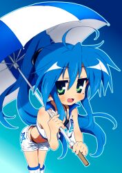  alternate_hairstyle blue_hair commentary_request female green_eyes izumi_konata long_hair lucky_star mole mole_under_eye official_style perspective ponytail race_queen shorts solo tyke umbrella vest white_shorts 