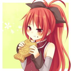  :t amane_kurumi commentary_request eating female food food_on_face long_hair mahou_shoujo_madoka_magica mahou_shoujo_madoka_magica_(anime) ponytail red_eyes red_hair sakura_kyoko sakura_kyoko_(magical_girl) solo taiyaki upper_body wagashi 