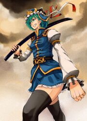  black_thighhighs cloud cloudy_sky commentary_request eyeliner female graphite_(medium) green_eyes green_hair grin hands hat highres kosuke_(gonzo_2010) makeup mixed_media over_shoulder ribbon shiki_eiki short_hair sky smile solo sword thighhighs touhou traditional_media walking weapon weapon_over_shoulder zettai_ryouiki 