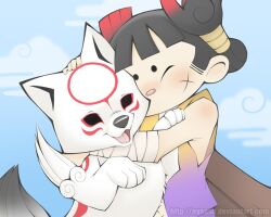  bandages black_hair canine chibiterasu commentary_request female hair_ornament headpat hug japanese_clothes kuninushi nyaasu okami ookamiden photoshop_(medium) puppy scar smile sword watermark weapon wolf 