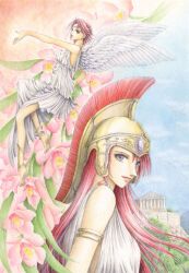  2girls angel_wings anklet athena_(mythology) barefoot blue_eyes bracelet commentary flower greek_mythology helmet jewelry kaori_natsuki long_hair multiple_girls nike_(mythology) pink_eyes pink_hair red_hair short_hair traditional_media wings 