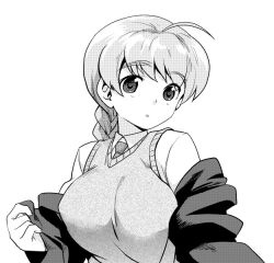  aoba_(smartbeat) blush braid breasts commentary_request female greyscale jacket large_breasts long_hair lynette_bishop monochrome necktie open_mouth single_braid solo strike_witches sweater_vest undressing world_witches_series 