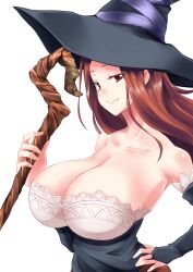  bare_shoulders breasts brown_eyes brown_hair cleavage commentary_request dragon&#039;s_crown dress female hat large_breasts long_hair painttool_sai_(medium) smile solo sorceress_(dragon&#039;s_crown) staff strapless strapless_dress witch_hat zanku 