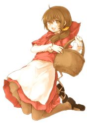  :d basket brown_eyes brown_hair brown_pantyhose commentary_request female hair_ornament highres hood kazi little_red_riding_hood little_red_riding_hood_(grimm) mary_janes open_mouth pantyhose shoes smile solo 