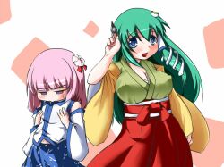  2girls blue_eyes breast_envy breasts brush cleavage commentary_request cosplay costume_switch covered_nipples detached_sleeves flat_chest flower frog green_hair hair_flower hair_ornament hieda_no_akyuu hieda_no_akyuu_(cosplay) japanese_clothes kazeshima_tokadame kochiya_sanae kochiya_sanae_(cosplay) large_breasts long_hair multiple_girls purple_eyes purple_hair short_hair snake touhou 