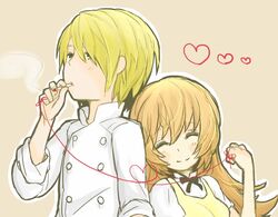  1boy apron blonde_hair cigarette closed_eyes commentary_request couple female heart keikou_midori_(753064) long_hair satou_jun short_hair smile smoking straight string string_of_fate todoroki_yachiyo working!! yellow_eyes 