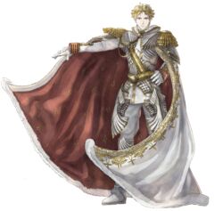  1boy armor blonde_hair cape full_body gloves hand_on_own_hip looking_at_viewer male_focus maximilian official_art outstretched_arm senjou_no_valkyria_(series) senjou_no_valkyria_1 solo transparent_background white_gloves 