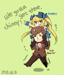  1boy bad_id bad_pixiv_id blonde_hair blue_eyes bow bowtie doctor_who eleventh_doctor_(doctor_who) female hat jacket personification ribbon shirt tachibana_neko tardis text_focus the_doctor thighhighs 