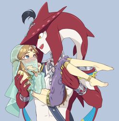  2boys barefoot blue_eyes blush brown_eyes brown_hair carrying crossdressing fins gerudo_set_(zelda) head_fins interspecies link male_focus meimone monster_boy mouth_veil multiple_boys otoko_no_ko pointy_ears princess_carry sharp_teeth sidon teeth the_legend_of_zelda the_legend_of_zelda:_breath_of_the_wild veil yaoi zora 