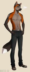  avoid_posting barefoot black_nose canid canine cigarette clothed clothing ear_piercing feet fox hi_res male mammal metz nipples piercing solo topless 