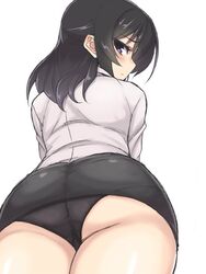  ass black_hair black_panties blush commentary_request female from_behind from_below konohana_enishi looking_at_viewer looking_back original panties pantylines pencil_skirt purple_eyes sengoku_aky shirt simple_background skirt solo underwear white_background white_shirt 