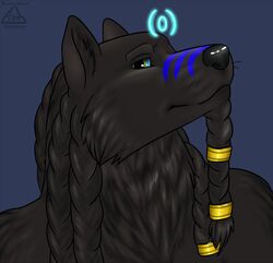  anthro bakari beard_ring black_hair black_nose blue_eyes bust_portrait canid canine canis dreadlock_beard dreadlocks facial_markings fur green_eyes hair head_markings looking_at_viewer male mammal markings multicolored_eyes nude portrait simple_background smile solo wolf 