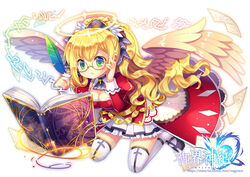  :&lt; adjusting_eyewear angel black_footwear blonde_hair book breasts capura_lin cleavage cleavage_cutout closed_mouth clothing_cutout commentary_request complex_saga copyright_name feathers female floating floating_book floating_object glasses hair_ornament halo holding holding_quill long_hair long_sleeves medium_breasts metatron_(complex_saga) official_art open_book paper photoshop_(medium) pleated_skirt quill reading runes simple_background sitting skirt solo spell strappy_heels telekinesis thighhighs v-shaped_eyebrows white_background white_thighhighs wings writing yujie_shenji 