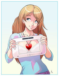  blue_eyes bra brown_hair commentary drawing_tablet eyelashes female game_console hands heart heart_necklace jewelry lips long_hair louis_lloyd-judson necklace nintendo original photoshop_(medium) solo underwear upper_body wii_u wii_u_gamepad x-ray_vision 