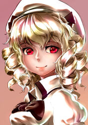  absurdres bad_id bad_pixiv_id blonde_hair close-up closed_mouth drill_hair female gagrim hat highres lips luna_child portrait red_eyes short_hair simple_background smile solo touhou 