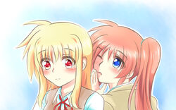  2girls blonde_hair blue_eyes blush brown_hair couple fate_testarossa hair_ornament looking_at_another lyrical_nanoha mahou_shoujo_lyrical_nanoha mahou_shoujo_lyrical_nanoha_a&#039;s multiple_girls open_mouth ponytail red_eyes ribbon school_uniform side_ponytail simple_background surprised takamachi_nanoha uniform wara_neko waraneko whispering white_background wide_eyes yuri 