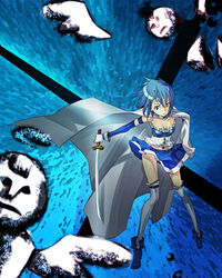  belt blue_eyes blue_hair boots breasts cape cleavage commentary_request daniyyel+jennifer elbow_gloves female frills gloves highres kabane_(follabi) magical_girl mahou_shoujo_madoka_magica mahou_shoujo_madoka_magica_(anime) medium_breasts midriff miki_sayaka miki_sayaka_(magical_girl) skirt strapless sword thighhighs weapon white_thighhighs 