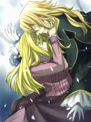  1boy ada_vessalius berta_(artist) blonde_hair bow capelet commentary_request couple dress earrings female formal frills gloves green_eyes hand_on_another&#039;s_face heterochromia jewelry long_hair pandora_hearts straight vincent_nightray yellow_eyes 