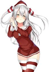  absurdres alternate_costume amatsukaze_(kancolle) aoi_takeru blush breasts closed_mouth commentary_request cowboy_shot female grey_hair hair_between_eyes hair_tubes hands_up hat highres holding kantai_collection long_hair long_sleeves looking_at_viewer over_shoulder red_hat red_shirt sack sailor_collar santa_hat shirt simple_background small_breasts solo standing striped_clothes striped_thighhighs thigh_gap thighhighs thighs two_side_up v-shaped_eyebrows very_long_hair white_background yellow_eyes zettai_ryouiki 