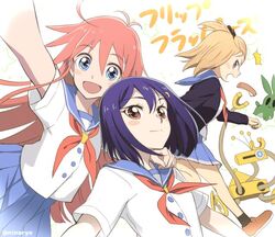  3girls :3 :d ^^^ antenna_hair bangs_pinned_back blonde_hair blue_eyes blue_hair blush_stickers brown_eyes buttons clenched_hand commentary_request cowboy_shot eyebrows fingernails flip_flappers hand_on_another&#039;s_shoulder jacket jpeg_artifacts kokomine_cocona long_hair long_sleeves looking_at_another looking_at_viewer multicolored_hair multiple_girls niina_ryou open_mouth orange_hair papika_(flip_flappers) profile purple_eyes rabbit robot sailor_collar school_uniform serafuku shirt shoes short_hair short_sleeves skirt smile socks star_(symbol) streaked_hair tt-392 twitter_username uexkull upper_body walking yayaka 