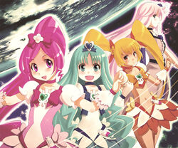  4girls black_choker blonde_hair blue_choker blue_eyes blue_hair blush boots bow brooch choker commentary_request cure_blossom cure_marine cure_moonlight cure_sunshine ebi_tendon elbow_gloves flower gloves hair_flower hair_ornament hair_ribbon hanasaki_tsubomi heart heart_brooch heartcatch_precure! high_ponytail jewelry kurumi_erika long_hair magical_girl midriff multiple_girls myoudouin_itsuki navel open_mouth orange_bow orange_choker orange_skirt photoshop_(medium) pink_bow pink_choker pink_eyes pink_hair ponytail precure purple_eyes purple_flower purple_hair purple_rose ribbon rose skirt tsukikage_yuri twintails wrist_cuffs yellow_eyes 