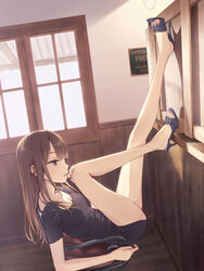  bad_id bad_pixiv_id bare_legs black_shorts blue_eyes brown_hair chair collarbone commentary_request english_text feet female from_side full_body high_heels indoors legs legs_up long_hair long_legs looking_away original sandals short_sleeves shorts sign sitting solo toes tokumaru wainscoting window wooden_floor 