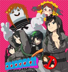  6+girls amagami ayatsuji_tsukasa black_eyes black_hair breasts brown_hair cleavage commentary_request ectoplasm ghostbusters ghostbusters_uniform heart jumpsuit long_hair medium_breasts morishima_haruka multiple_girls nakata_sae nanasaki_ai natsume_(tsu-na) no_symbol parody proton_pack sakurai_rihoko school_uniform short_hair slime_(substance) star_(symbol) stay_puft tanaka_keiko_(amagami) tanamachi_kaoru twintails 