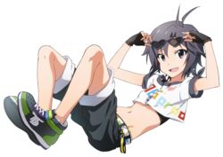  black_eyes black_hair blush commentary_request female fingerless_gloves full_body gloves highres idolmaster idolmaster_(classic) kikuchi_makoto looking_at_viewer midiman midriff navel open_mouth shoes short_hair shorts smile sneakers solo stomach street_hopper_(idolmaster) sunglasses transparent_background 