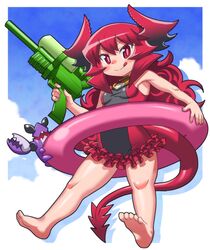  :q barefoot breasts commentary_request crab curly_hair demon_girl demon_horns demon_tail female frilled_one-piece_swimsuit frills horns innertube long_hair maou_beluzel matsuda_yuusuke nise_maou_kanizeru one-piece_swimsuit red_eyes red_hair small_breasts solo_focus summer swim_ring swimsuit tail toes tongue tongue_out water_gun yuusha_to_maou 