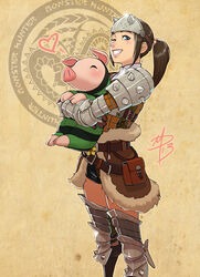  ;) armor belt blue_eyes boots brown_hair commentary english_commentary female forehead_protector fur_trim gauntlets heart hug hug_from_behind hunter_(armor) jumpsuit knee_pads lips monster_hunter_(character) monster_hunter_(series) multiple_belts one_eye_closed pauldrons photoshop_(medium) polarityplus ponytail poogie shorts shoulder_armor signature smile spikes 