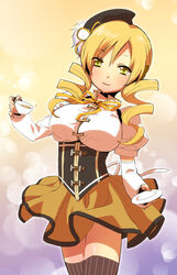  bad_id bad_pixiv_id beret blonde_hair breasts cup drill_hair female hair_ornament hat large_breasts magical_girl mahou_shoujo_madoka_magica mahou_shoujo_madoka_magica_(anime) pleated_skirt puffy_sleeves skirt solo striped teacup thighhighs tomoe_mami tomoe_mami_(magical_girl) vertical_stripes yellow_eyes yuzucky zettai_ryouiki 