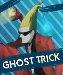  1boy bad_id bad_pixiv_id blonde_hair english_text formal ghost_trick lamp male_focus necktie pointy_hair ray_(ghost_trick) sissel_(ghost_trick) sitting solo spirit suit sunglasses t_imoko 