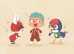  3boys animal_crossing bird blue_hair cafemoka-septro commentary_request crossover feline helmet jacket jay_(animal_crossing) kid_cat_(animal_crossing) male_focus multiple_boys oerba_yun_fang pants red_eyes red_jacket red_pants simple_background surprised swallow_(bird) tan_background touken_ranbu track_suit trait_connection yamabushi_kunihiro 