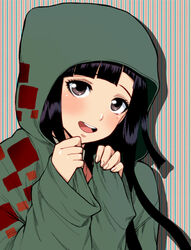  black_hair blush brown_eyes commentary_request cosplay danganronpa_(series) danganronpa_2:_goodbye_despair dosugon female hood hoodie komaeda_nagito komaeda_nagito_(cosplay) long_hair mole mole_under_eye open_mouth smile solo tsumiki_mikan 