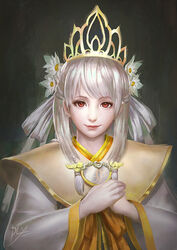  artist_name commentary_request crown dlx_(kssksskssk) female flower hair_flower hair_ornament japanese_clothes kikka_(toukiden) own_hands_together photoshop_(medium) red_eyes signature silver_hair solo toukiden upper_body 