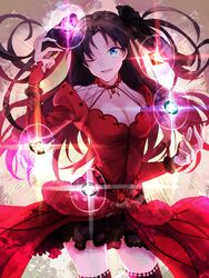  ;) black_hair blue_eyes commentary_request dress fate/grand_order fate/stay_night fate_(series) female gem hair_ribbon long_hair official_alternate_costume one_eye_closed open_mouth ribbon smile solo thighhighs tohsaka_rin tohsaka_rin_(formalcraft) two_side_up wowishi zettai_ryouiki 