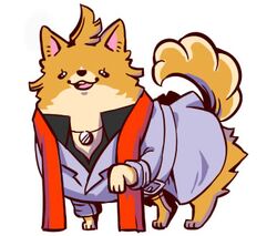  animal_focus cabanela canine commentary_request cosplay formal ghost_trick hornsama jacket jewelry lowres missile_(ghost_trick) no_humans open_mouth pomeranian_(dog) scarf simple_background suit tail 