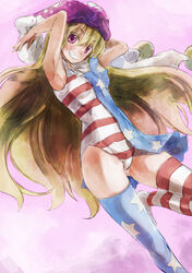  adapted_costume alternate_legwear american_flag_dress american_flag_legwear american_flag_swimsuit armpits arms_up asymmetrical_clothes blonde_hair clownpiece commentary_request dress female flag_print grin hat jester_cap long_hair looking_at_viewer one-piece_swimsuit print_swimsuit purple_background red_eyes short_dress smile solo star_(symbol) striped_clothes striped_one-piece_swimsuit striped_thighhighs swimsuit thighhighs touhou v-shaped_eyebrows yohane 