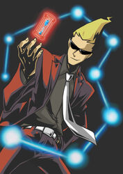  1boy bad_id bad_pixiv_id belt blonde_hair formal ghost_trick hand_in_pocket hourglass loveguiltytour male_focus necktie pants pointy_hair red_pants simple_background sissel_(ghost_trick) smile solo suit sunglasses 