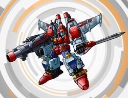  1980s_(style) 1boy armor autobot blue_eyes cannon clenched_hand commentary_request fighting_stance full_body gun holding huge_weapon insignia looking_at_viewer mecha mechanical_wings no_humans photoshop_(medium) retro_artstyle robot shimizu_shauta solo star_saber_(transformers) sword transformers transformers_victory weapon wings 