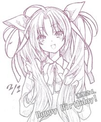  bad_id bad_pixiv_id female graphite_(medium) hand_in_own_hair happy_birthday little_busters! little_busters!_school_uniform long_hair mixed_media monochrome oerba_yun_fang sasasegawa_sasami school_uniform solo traditional_media twintails yuetsuki_(ash) 