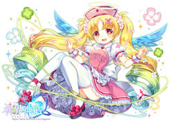  bandages bandaid blonde_hair blue_hair blush capura_lin cleavage_cutout clothing_cutout clover commentary_request complex_saga copyright_name crying drill_hair female flower flower-shaped_pupils four-leaf_clover gradient_hair hair_flower hair_ornament halo hat high_heels long_hair looking_at_viewer multicolored_hair nurse nurse_cap official_art original photoshop_(medium) puffy_sleeves raphael_(complex_saga) simple_background solo strappy_heels symbol-shaped_pupils tears thighhighs twin_drills twintails very_long_hair white_background white_thighhighs wings wrist_cuffs yujie_shenji 