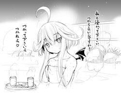  ahoge bad_id bad_pixiv_id bat_wings blush closed_mouth collarbone cup emil_chronicle_online female flat_chest green_tea greyscale head_tilt huge_ahoge jitome kasuga_yukihito looking_at_viewer mini_wings mitama_aria monochrome naked_towel onsen partially_submerged short_hair short_hair_with_long_locks sidelocks sitting solo steam tea towel translation_request tray water wet wings yunomi 