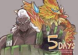  2boys bird commentary_request copyright_name countdown dark-skinned_male dark_skin grey_background male_focus multiple_boys muscular overalls pointy_ears roc_(xenoblade) scar shadow2810 simple_background upper_body vandham_(xenoblade_2) white_hair xenoblade_chronicles_(series) xenoblade_chronicles_2 