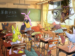  &gt;_&lt; 6+boys 6+girls absurdres academic_test animal_ears antlers black_hair black_jacket black_skirt blonde_hair blue_hair blunt_bangs blush bob_cut book brown_hair chair chalkboard classroom closed_eyes commentary_request day desk dog_ears dog_tail doitsuken dragon dress facing_another facing_away flying_sweatdrops fox_child_(doitsuken) fox_ears fox_tail from_behind glasses green_shirt grey_shirt head_rest highres holding holding_book holding_pencil horns indoors jacket long_hair long_skirt long_sleeves looking_at_another multiple_boys multiple_girls nervous open_book orange_hair original parted_lips pencil pink_hair ponytail profile purple_hair rabbit_ears rabbit_tail raccoon_ears raccoon_tail reading red_eyes red_hair red_shirt school_desk semi-rimless_eyewear shirt short_eyebrows short_hair short_sleeves sitting skirt sleeping smile sweatdrop tail teacher test_taking thick_eyebrows twintails under-rim_eyewear white_dress writing 